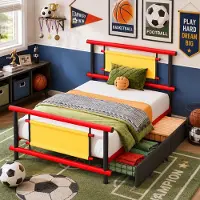 STILVORA Kinderbed 90x200 cm – Met Laden – Ruimtebesparend Eenpersoonsbed – Zonder Matras – Metaal – Rood