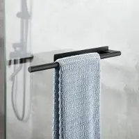 Famanu - Handdoekhouder zonder boren, zwart, mat, roestvrij staal, rond, badhanddoekhouder, zelfklevend, voor badkamer, wandmontage, één arm, 39 cm