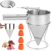 Famanu - Beslagdispenser RVS 1,2 L Set, deegportioneerder met standaard, deksel, borstel en 4 trechters, zuigertrechter en baktrechter voor bakken