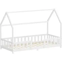 ML-Design Kinderbed Huisbed 90x200 cm van grenenhout Wit met beschermdak en lattenbodem Houten bed