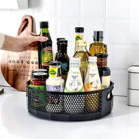 Famanu - Lazy Susan Kastorganisator, 22,5 x 6,5 cm kunststof draaitafel kruidenhouder, zwarte honingraat roterende kruidenrek, multifunctioneel draaiplateau voor keuken aanrecht eettafel opslag