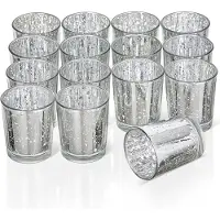 Famanu - Set van 15 Hoogwaardige Gespikkelde Theelichthouders – 5x6cm Glazen Kaarsenhouder – Woondecoratie, Tafelstuk, Keukenaccessoire (Zilver)