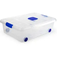 PlasticForte Opslagbox - 1x stuks - met deksel - 31L - 62 x 45 x 18 cm - transparant - opbergbak - met wielen