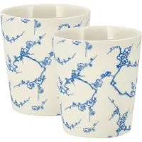 Discountershop Koffiekopjes Set van 2 – Keramische Koffiemokken 200 ml Zonder Oor – Blauw Wit Bloesem Patroon – Espresso Kopjes voor Koffie, Cappuccino en Thee