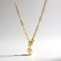 Cavill - Elegante Damesketting - 18K Goud Verguld Sterling Zilver - Witte Zoetwaterkweekparel 30x13 mm - Klassieke Parelketting met Toggle Sluiting