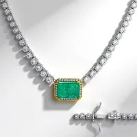 Cavill - Zilveren Halsketting 925 Sterling Zilver Palladium - 9K Achthoekige Zambia Smaragd - 58 Cambodjaanse Zirkonia - Luxe Dames Sieraad