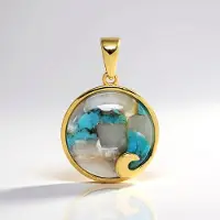 Cavill - Zilveren hanger met 9K goud plating - 925 sterling zilver - Turkoois mozaïek cabochon 16mm - Elegant geometrisch sieraad