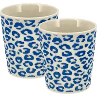 Discountershop Koffiekopjes Set van 2 – Keramische Mokken 200ml Zonder Oor – Espresso Kopjes Cappuccino Bekers Theekopjes – Blauw Wit Luipaard Patroon