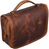 Famanu – Ophangbare toilettas van echt leer - reisnecessaire met handvat en haak - vintage stijl - cognackleur