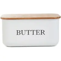Hobby Hall - Avila Botervloot - Boterdoos - Moderne Boterschaal met Deksel - Butter Dish voor Koelkast & Tafel - Metaal en Acacia Hout - 15 x 10 x 7 cm - Wit & Hout