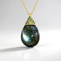 Cavill - Elegante 925 Sterling Zilveren Halsketting - 12,15 ct Groene Labradoriet & 0,24 ct Braziliaanse Toermalijn - Druppelhanger - 45,72 cm