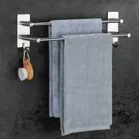 Famanu – Handdoekhouder zonder boren voor badkamer en keuken, roestvrij staal, zelfklevende handdoekstang met 2 handdoekhaken, wandmontage