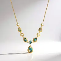 Cavill - 925 Sterling Zilver Halsketting - Verguld - Turquoise Mozaïek 12 6 ct - Zoetwaterparels - Elegante Mozaïek Ketting 45 cm