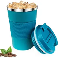 Famanu - Koffiemok 380 ml, thermobeker voor koffie, lekvrij, gemaakt van 304 roestvrij staal, dubbelwandig geïsoleerd, autobeker, herbruikbare koffiebeker voor koffie, water en thee, blauw