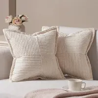 Famanu - Corduroy kussenhoezen 50x50 cm beige set 2, dubbelzijdig effen zacht, decoratieve sierkussens voor bank bureaustoel
