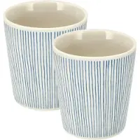 Discountershop Koffiekopjes Set van 2 – Keramische Koffiemokken 200 ml Zonder Oor – Blauw Wit Strepen Patroon – Espresso Kopjes Cappuccino Bekers en Theekopjes