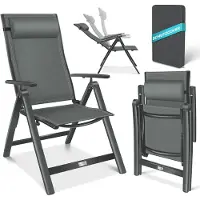 Kesser Tuinstoel met Armleuningen | Opklapbare Aluminium Ligstoel incl. Hoofdkussen | Campingstoel 7-voudig Verstelbare Rugleuning | Ademend & Weerbestendig | Opvouwbaar & Antislip Antraciet