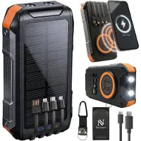 Nuvance Solar Powerbank 20000mAh - 22.5W Snellader - USB C & USB A - 4x Ingebouwde Kabels - Draadloze Powerbank 15W - Noodpakket - Powerbank Zonneenergie