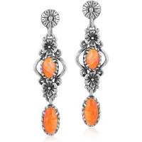 Cavill - Zilveren Oorbellen - 925 Sterling Zilver Geoxideerd - Oranje Stekelige Oester Cabochons 2,34 ct - Boho Lange Bloemvormige Oorbellen