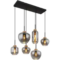 Globo Hanglamp Hanglamp Eettafellamp, 6 vlammen, retro rookglas metaal zwart hennep bruin, 6x E27 stopcontacten, LxBxH 80x40x120cm
