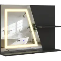 Puluomis - Badkamerspiegel - 2-laags plank - LED-verlichting - Anti-condens - Waterdicht - MDF + Glas - Badkameropbergruimte