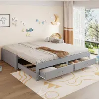 OKWISH Slaapbank 90 x 190 cm - Uitschuifbaar Tot 180 x 190 cm - Met 2 Lades en Lattenbodem - Zonder Armleuningen - Hout - Grijs - Zonder Matras