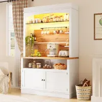 OKWISH keukenkast met LED-verlichting en een haaklijst, veel opbergruimte, hoge kast met glazen plank, wit