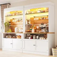 OKWISH Keukenkast – Set van 2 Hoge Opbergkasten Met Ledverlichting – 107 x 34 x 184 cm – Glazen Plank En 6 Haken – MDF Wit