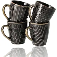 Discountershop Koffiemokken 200ML Set van 4 – Zwart Gouden Mokken met Oor – Luxe Keramische Mokken voor Koffie, Cappuccino, Latte Macchiato en Thee – Grote Theemokken