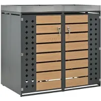 OKWISH Afvalcontainer Ombouw Met Plantenbak - 2 Vakken Met 2 Deuren - Voor Tuin En Erf - Staal Grijs Houtlook