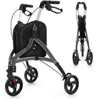Costway Rollator opvouwbaar en licht, met zitting, loophulp, 6-voudig in hoogte verstelbaar, driewieler, smal, loopwagen met tas en rem, aluminium frame, inklapbaar, voor senioren en volwassenen