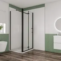 AICA Industriële douchecabine 90x90x195cm met vouwdeur en vaste zijwand 6mm helder EasyClean veiligheidsglas mat zwarte aluminium frame stabilisatiestang 73-120cm incl. douchebak