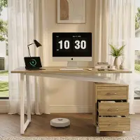 Sweiko Bureau - 130 x 55 x 75 cm - MDF - 3 lades - Driehoekige steunpoten - Natuurlijke + Wit