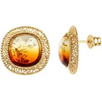 Cavill - Zilveren Oorbellen met Verguld Bezetting - 3 ct Zonsopgang Baltische Barnsteen - Antiek Kussen Cabochon Design - Vintage Herfst Sieraden