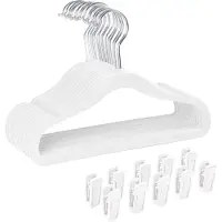 Famanu – Antislip fluwelen kleerhangers voor baby’s en kinderen - set van 30 ultradunne hangers met 10 clips - ruimtebesparend en zacht oppervlak - wit
