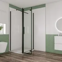 AICA Industriële douchecabine 70x70x195cm met vouwdeur en vaste zijwand 6mm helder EasyClean veiligheidsglas mat zwarte aluminium frame stabilisatiestang 70-120cm incl. douchebak