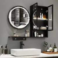 Puluomis - Badkamerspiegelkast - LED verlichting - Wandmodel - 50cm Ronde spiegel - Anti-condens - Glazen kastdeuren