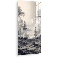 MuchoWow Glasschilderij 40x80 cm - Schilderij acrylglas - Mistig - Berglandschap - Illustratie - Foto op glas - Muurdecoratie woonkamer - Wanddecoratie slaapkamer - Schilderijen