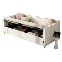 OKWISH Gestoffeerd Dagbed 90x200 cm - Met USB-C En Hydraulische Opbergruimte - Zonder Matras - Fluweel - Beige