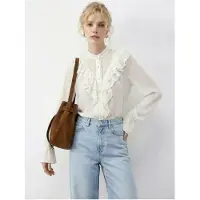 Bianco Rimpelige Mandarijnkraag Lange Mouw Chiffon Overhemd