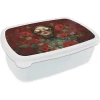 MuchoWow Broodtrommel Wit - Lunchbox Bloemen - Dieprood - Zonnebril - Vrouw - Brooddoos 18x12x6 cm - Brood lunch box - Broodtrommels voor kinderen en volwassenen
