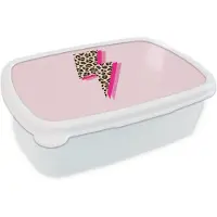 MuchoWow Broodtrommel Wit - Lunchbox Stippen - Roze - Bliksem - Brooddoos 18x12x6 cm - Brood lunch box - Broodtrommels voor kinderen en volwassenen