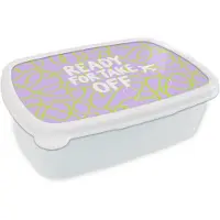 MuchoWow Broodtrommel Wit - Lunchbox Ready for take off - Vliegtuig - Groen - Paars - Golvende lijnen - Brooddoos 18x12x6 cm - Brood lunch box - Broodtrommels voor kinderen en volwassenen