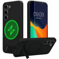 Kwmobile Hoesje voor Samsung Galaxy S23 - Compatibel met MagSafe - Hoesje met standaard en screenprotector van gehard glas - zwart / mat transparant