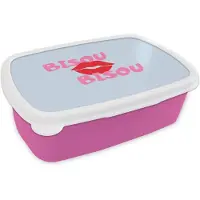 MuchoWow Broodtrommel Roze - Lunchbox Lippen - Bisou - Blauw - Brooddoos 18x12x6 cm - Brood lunch box - Broodtrommels voor kinderen en volwassenen