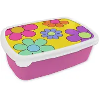 MuchoWow Broodtrommel Roze - Lunchbox Bloemen - Illustratie - Kleurrijk - Brooddoos 18x12x6 cm - Brood lunch box - Broodtrommels voor kinderen en volwassenen