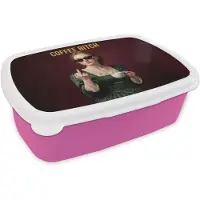 MuchoWow Broodtrommel Roze - Lunchbox Koffie - Vrouw - Middelvinger - Brooddoos 18x12x6 cm - Brood lunch box - Broodtrommels voor kinderen en volwassenen