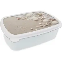 MuchoWow Broodtrommel Wit - Lunchbox Schelpen - Zeesterren - Strand - Brooddoos 18x12x6 cm - Brood lunch box - Broodtrommels voor kinderen en volwassenen