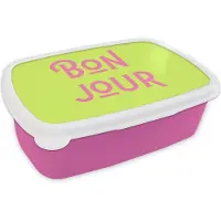 MuchoWow Broodtrommel Roze - Lunchbox Groen - Roze bonjour - art-deco - Brooddoos 18x12x6 cm - Brood lunch box - Broodtrommels voor kinderen en volwassenen