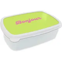 MuchoWow Broodtrommel Wit - Lunchbox Groen - Roze bonjour - Retro - Brooddoos 18x12x6 cm - Brood lunch box - Broodtrommels voor kinderen en volwassenen